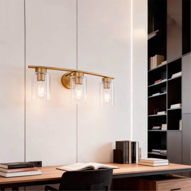 Éclairage pour meuble-lavabo à 3 lumières en or brossé, luminaires de salle de bain modernes E26 avec abat-jour en verre transparent, lampes murales pour armoires de salon, armoires de couloir et miroirs