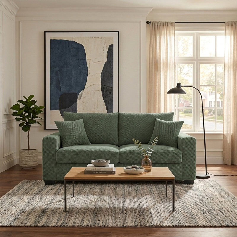 Canapé 69 po avec coussins décoratifs et tissu texturé 69 po, Dark Green