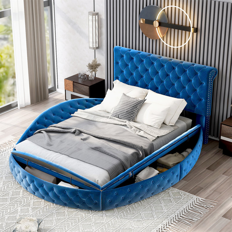 Emmajane Upholstered Velvet Sleigh Bed with Footboard Storage, Full, Blue
