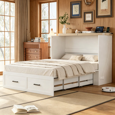 Lit double escamotable pleine grandeur avec station de charge, lit plateforme pliable avec grand tiroir de rangement pour chambre d'amis, petite chambre, blanc