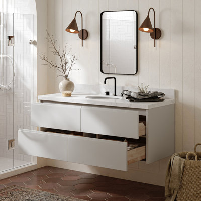   Ensemble de meuble-lavabo mural ovale simple de 54 po avec comptoir à quartz blanc Carrara de Enscho