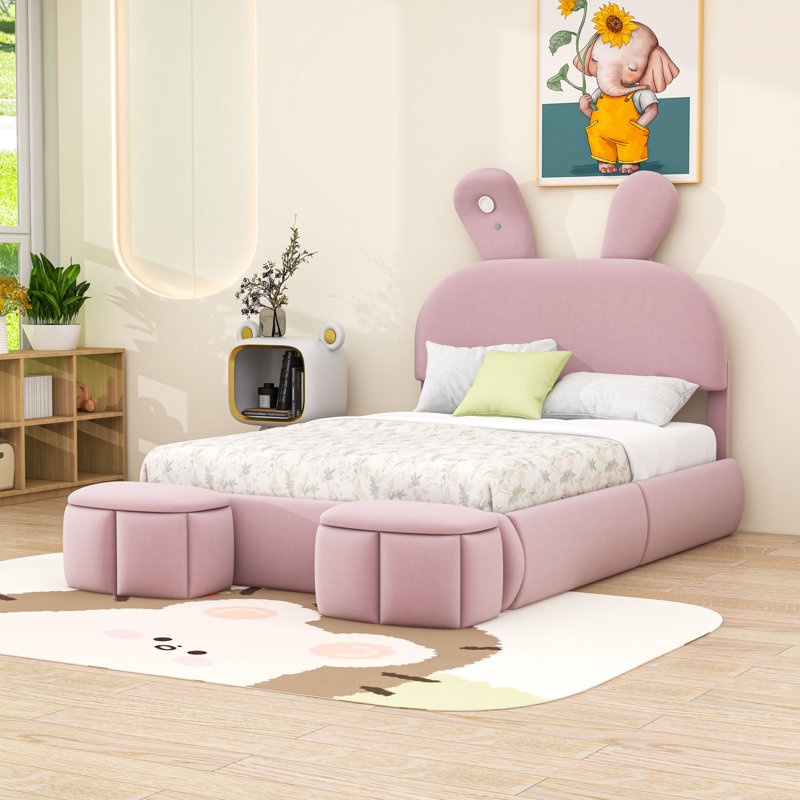 Lit plateforme tapissier avec DEL et 2 tabourets de rangement, Double, Rose