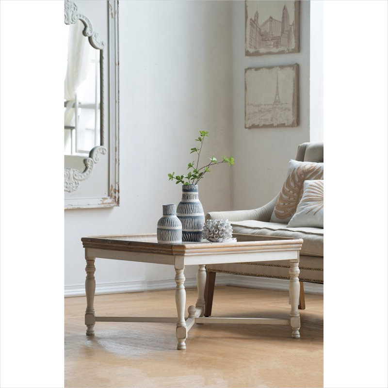 Table basse carrée en bois avec base blanc propre et plateau naturel, table de 33 pouces de style plateau pour le salon