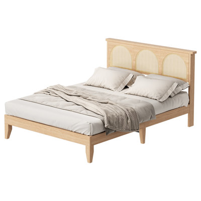 Boho Sturdy Wood Platform Bed Frame, Natural Rattan Headboard, Smart RGB LED Lights