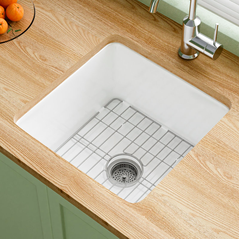 18" L x 18" W Fireclay White Undermount Bar Sink Single Bowl with Bottom Grids and Basket Strainer