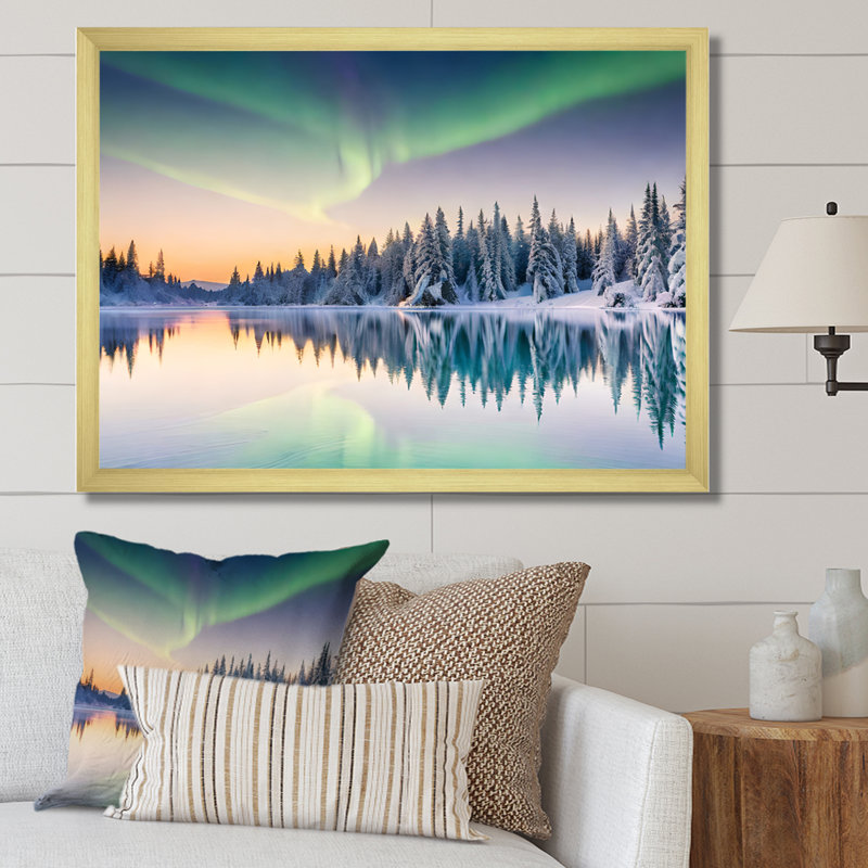 " Alaska Northern Light " Mixed Media and Color Photography Print, Gold Picture Framed, 34" H x 44" W x 1.5" D