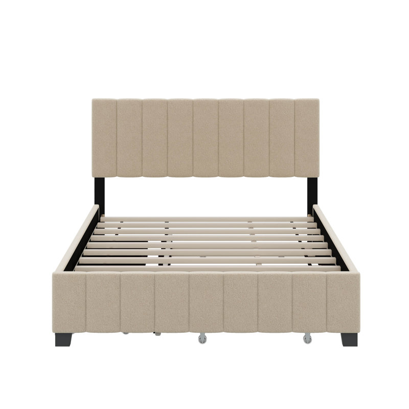 Grand size velvet upholstered platform bed with drawers and trundle, Beige