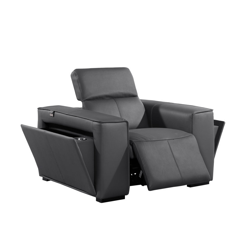 Top Grain Italian Leather Power Reclining Arm Chair with Power Headrests, Dark Gray Genuine Leather