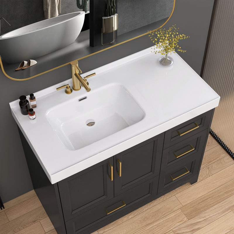 Solid Surface 43" Right Offset Single Bathroom Vanity Top In White Bathroom Countertop With Sink