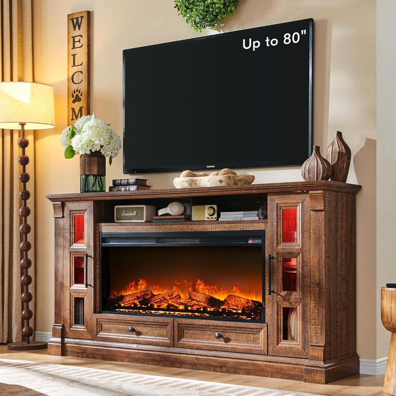 Farmhouse Tv Stand With Electric Fireplace, Brown