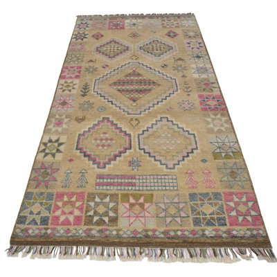 Tapis unique en laine noué à la main beige / rose / bleu de 6 pi 2 po x 10 pi 8 po