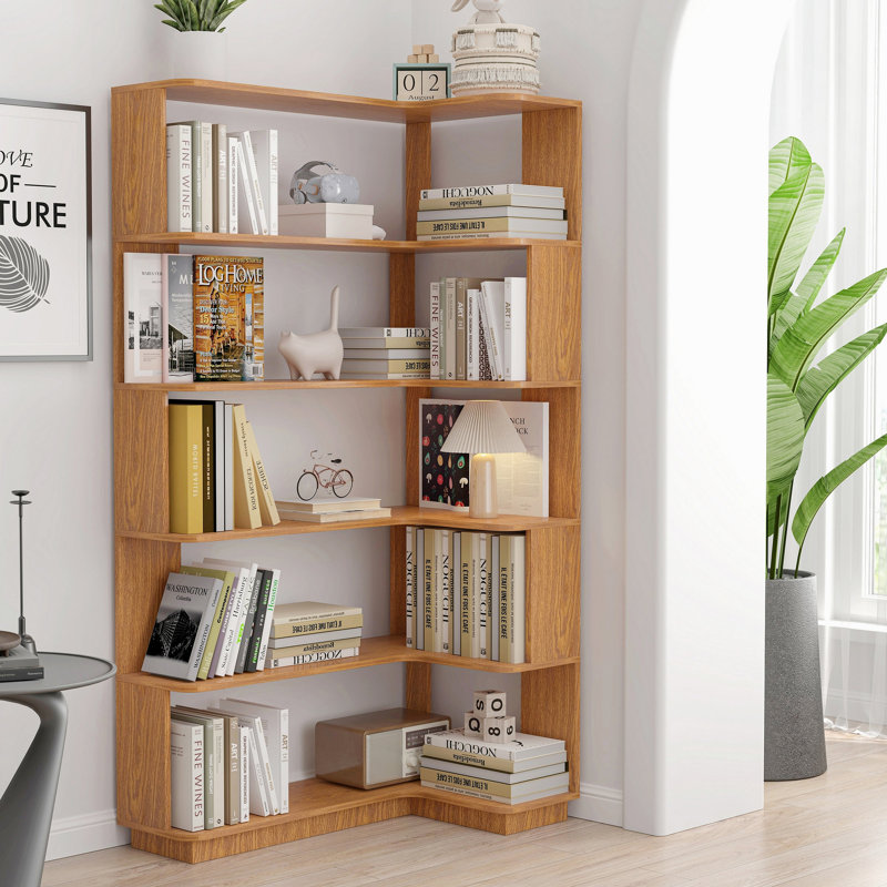90Cm (35.43") Extended Size Freestanding Corner Bookshelf For Living Room, Bedroom, Home Office, Wooden Bookcase With Anti-Drop Panel And Anti Tipping Device, Open Storage Display Cabinet 5 Colors