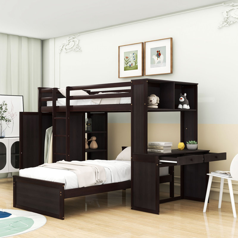 Ginessa Kids Twin Over Twin Bunk Bed with Drawers, Espresso