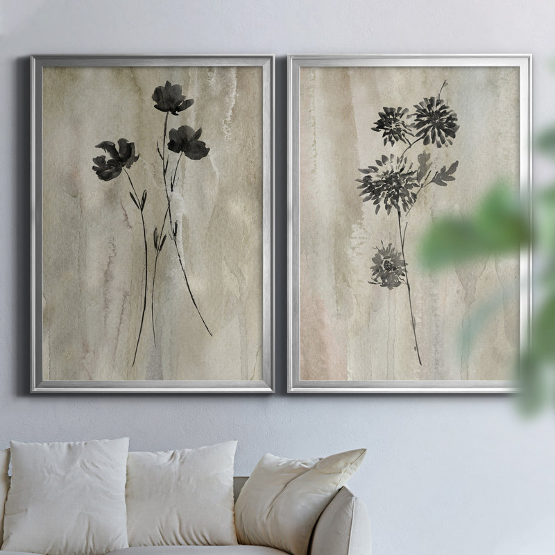 «Sumi-E Silhouette III», ensemble de 2 reproductions d'art, Toile encadrée, H 26,5 po x l 73 po, Argent argent