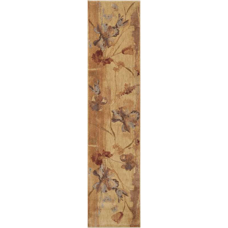 Tapis beige à motif floral Arnim, Tapis de couloir 2 pi 3 po x 8 pi