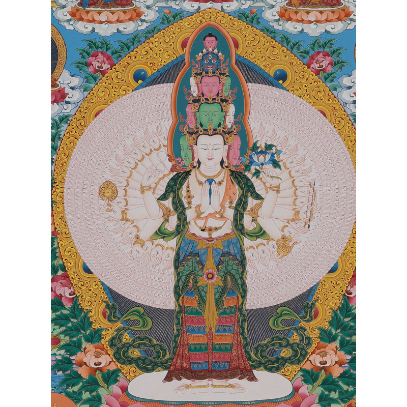 Amoghpasha Lokeshvara Thangka, art mural - Bodhisattva bouddhiste tibétain peint à la main, toile sans brocart en or 24 kt, décor de méditation pour la divinité