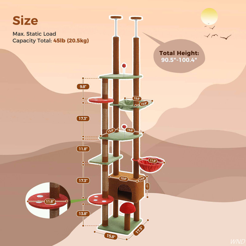Adjustable Brown and Green Tall Cat Tree with Condo and Hammock