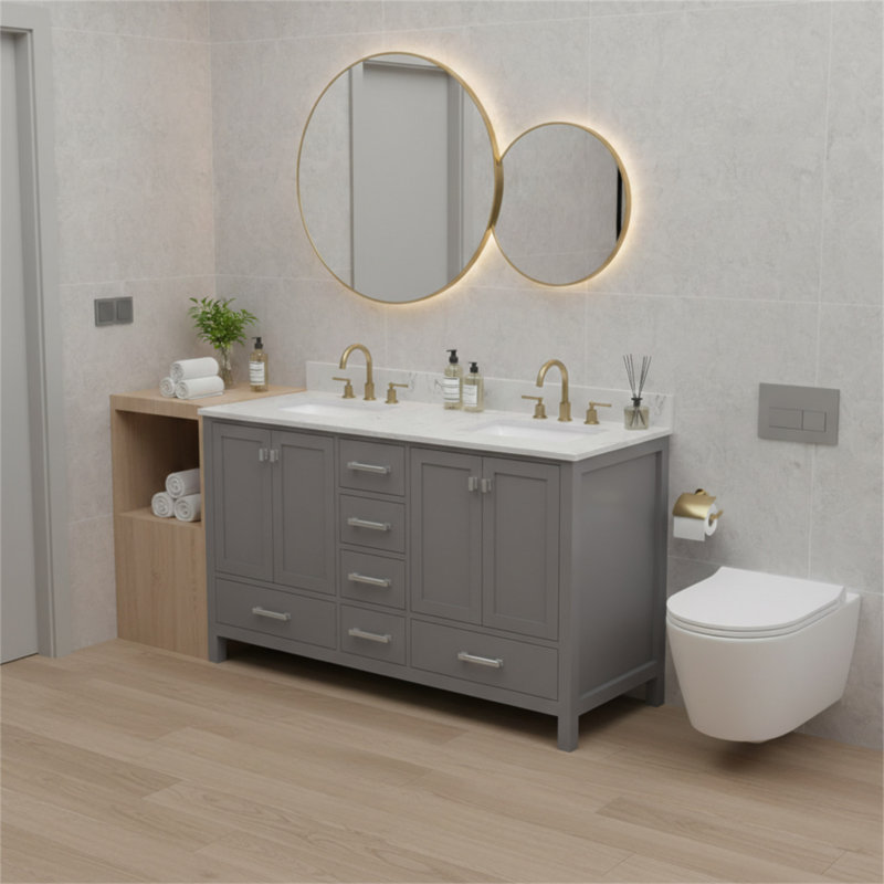 Meuble-lavabo 60 po, meuble-lavabo avec cadre en bois massif, comptoir autoportant avec 2 lavabos gris, Grey, 60"