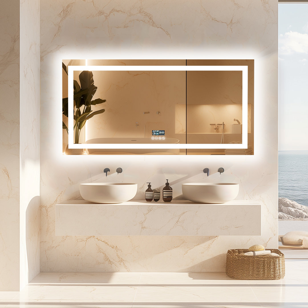 Led Bathroom Mirror With Lights, Wall-mounted With Bluetooth Speaker, Time & Date Display Anti-fog, 3 Color Temperature, Dimmable Brightness, Ip65 Waterproof, Tempered Glass, Frontlit & Backlit Ivy Bronx 