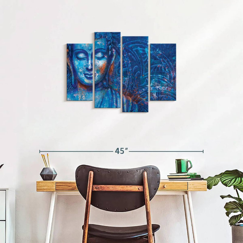 Bouddha teint en bleu Bouddha sur toile, 4 pièces, H 22 po x l 36 po x P 1 po