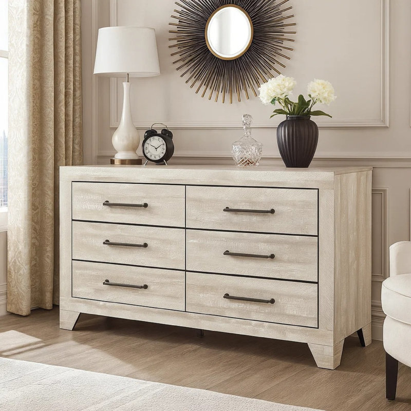 Ava 58 Inch Dresser, 6 Drawers W Antique Silver Bar Handles, Dusty Gray