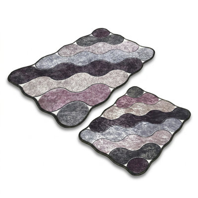 Aveline Wavy Pebble Rectangular 2-Piece Bath Mat Set in Lilac & Grey