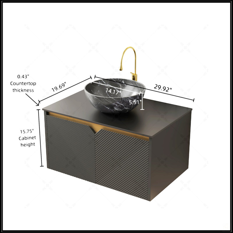 Meuble-lavabo flottant mural de 30 pouces avec rangement en contreplaqué, portes doubles en sergé et plateau en pierre frittée noire, vasque en céramique noire