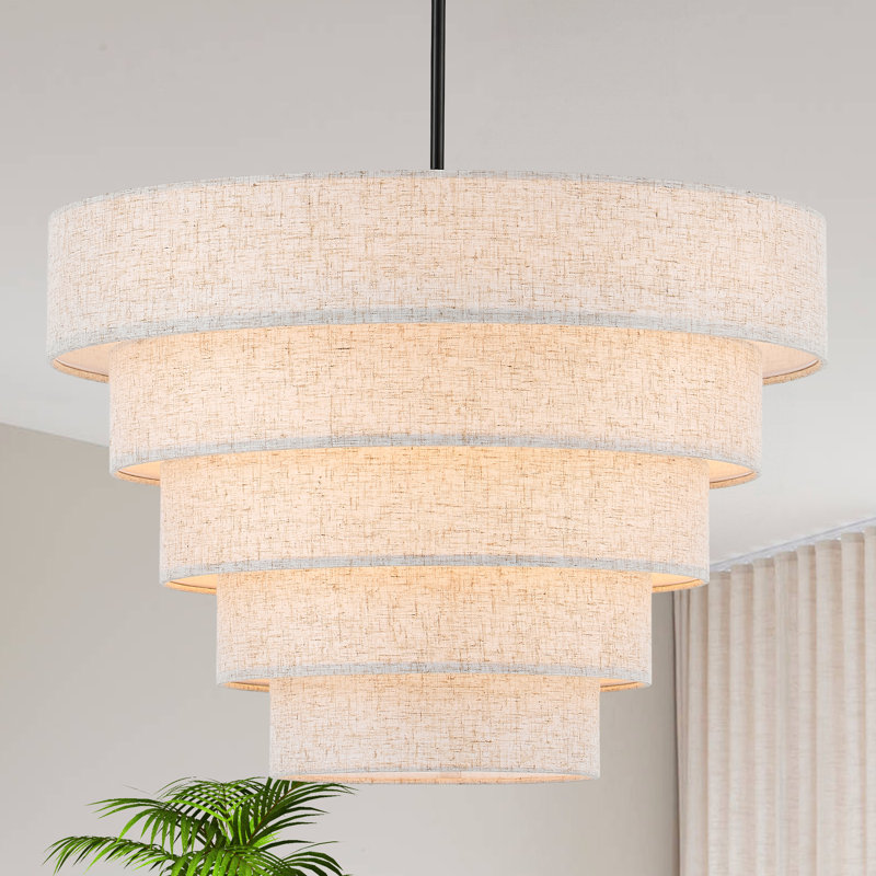 Lustre tambour 6 lumières en lin moderne, Six lumières, 3 niveaux, Noir mat