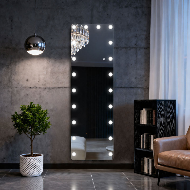 Hollywood Style Full Length LED Mirror – Tempered Glass, Exposed Bulb Front Light, 3 Color Modes, Includes Stand, 63"  x 20" 