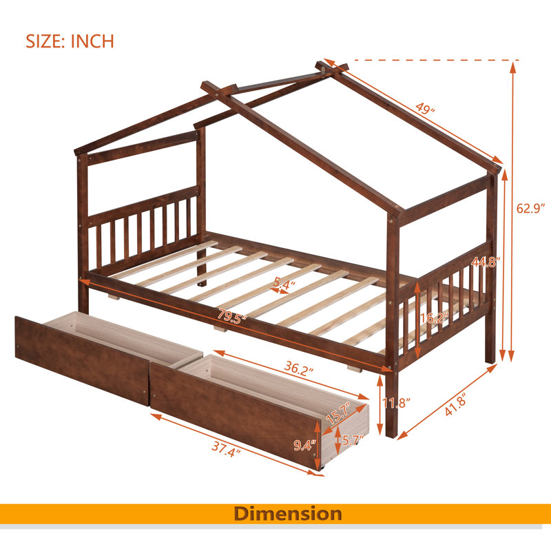 Lit en bois avec tiroirs, Noyer, Lit simple
