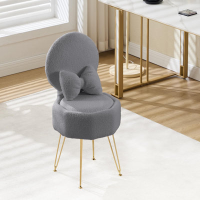 Sherpa Vanity Stool with 9L Hidden Storage, Folding Backrest & Gold Legs, Bow Cushion Seat for Bedroom, Gray