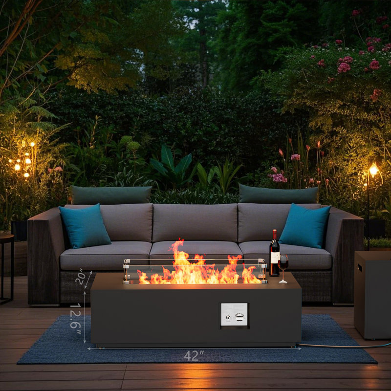 42" Rectangular Propane Fire Pit Table Outdoor Patio Backyard Gas Fire Table with 50,000 BTU Burner, Outdoor Fireplace,Wind Guard, Lid, Waterproof Cover and Tank Storage, Black