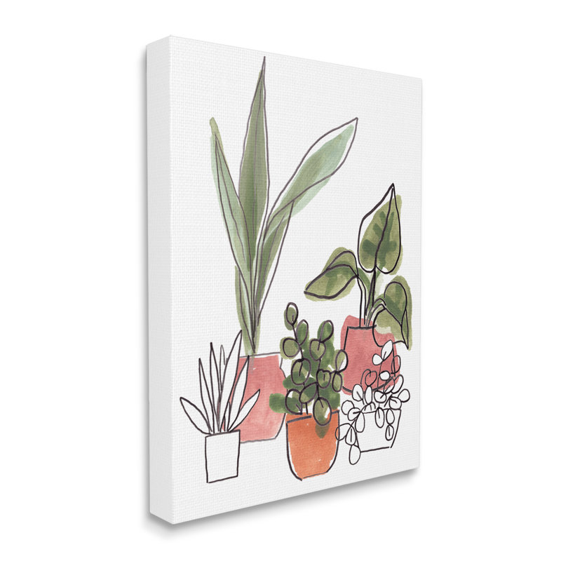 Plantes vertes dans des jardinières orange, feuillage abstrait moderne par June Erica Vess, Toile tendue