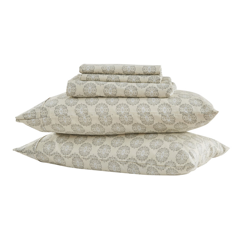 Ensemble de draps en coton et rayonne de bambou, Ensemble de draps pour taille de lit grand avec tr, Blanc, gris / floral