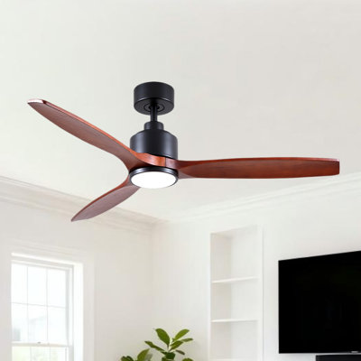 Ventilateur de plafond en bois massif noir mat à 3 pales de 52 po avec lumière DEL, moteur DC et télécommande Farmhouse