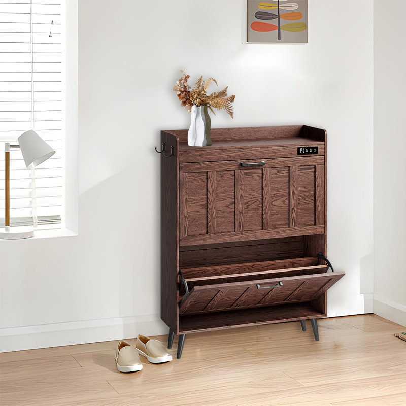 Farmhouse Slim Shoe Cabinet With Deodorizer & Flip-Top Drawers, Walnut