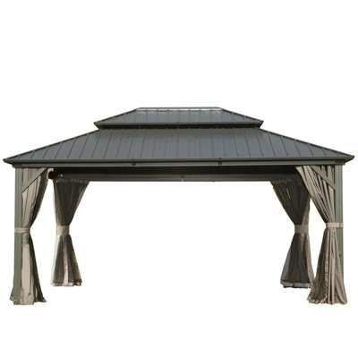 12x14 Ft Aluminum Gazebo With Curtain - To Rust And Corrosion, Gray , Galvanized Steel Double Roof, Metal Patio, Backyard