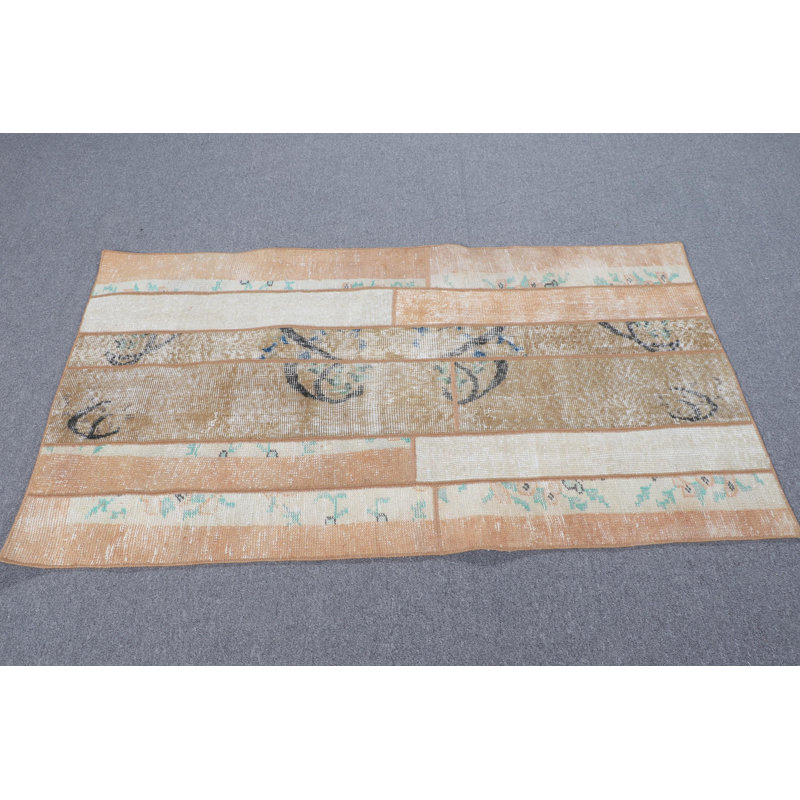 Handmade Turkish Patchwork Wool Rug Ideal For Bathrooms And Small Spaces In Vibrant Orange And Multicolored Patterns