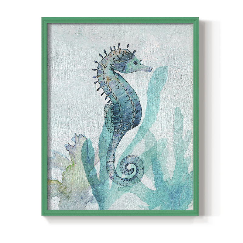 Hippocampe I, reproduction encadrée - bois massif, H 10 po x l 8 po, Vert