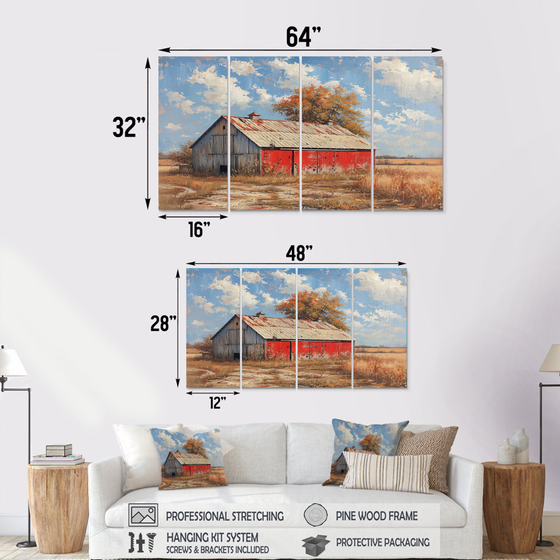 «Red Gray Summer Barn Breeze» - ensemble d'art mural grange, H 28 po x l 48 po