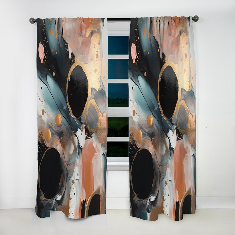 Mansel - Black Gold Marbled Meditations - Abstract Marble Curtain - Velvet Room Darkening - 1 panel, 52" W x 84" L
