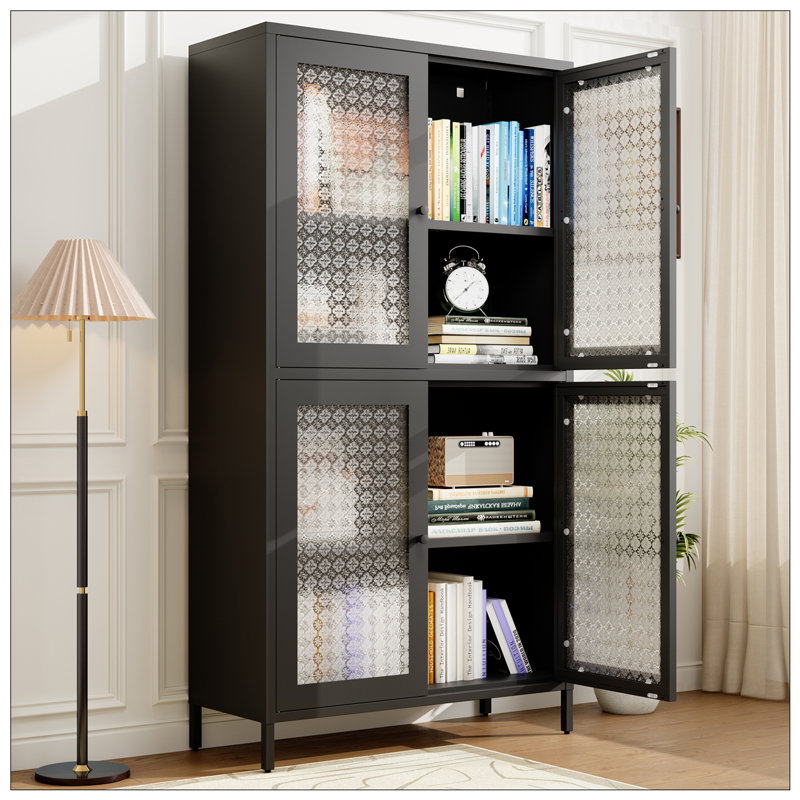 Armoire de rangement classique en métal avec 4 portes en verre et 4 tablettes réglables pour une utilisation polyvalente à la maison et au bureau