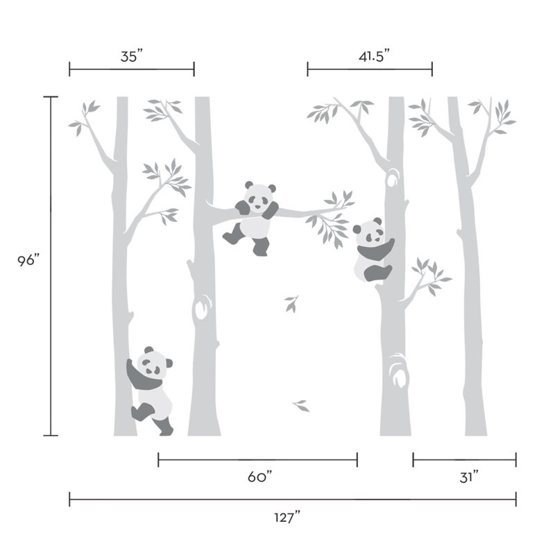 Adhésif décoratif arbre avec des pandas, Gris / blanc / noir
