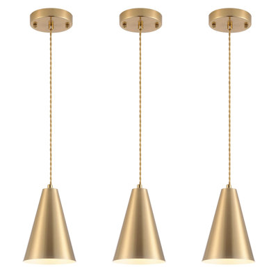Suspensions dorées pour îlot de cuisine, appliques de salle à manger (lot de 3) avec abat-jour conique en laiton brossé, mini-lustres style ferme moderne, éclairage suspendu à cordon réglable pour bar ou évier.
