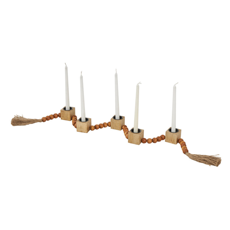 Cole And Grey Mango Wood Garland Decorative Candle Holder With Tassel, Brown