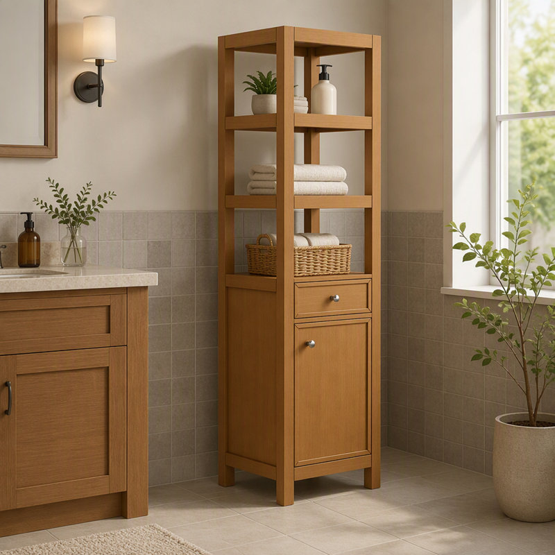 Solid Oak Bathroom Vanity Cabinet with Soft-Close System