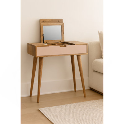 Solid Wood Mini Pink Dressing Table, 4 Compartments, Nordic Legs