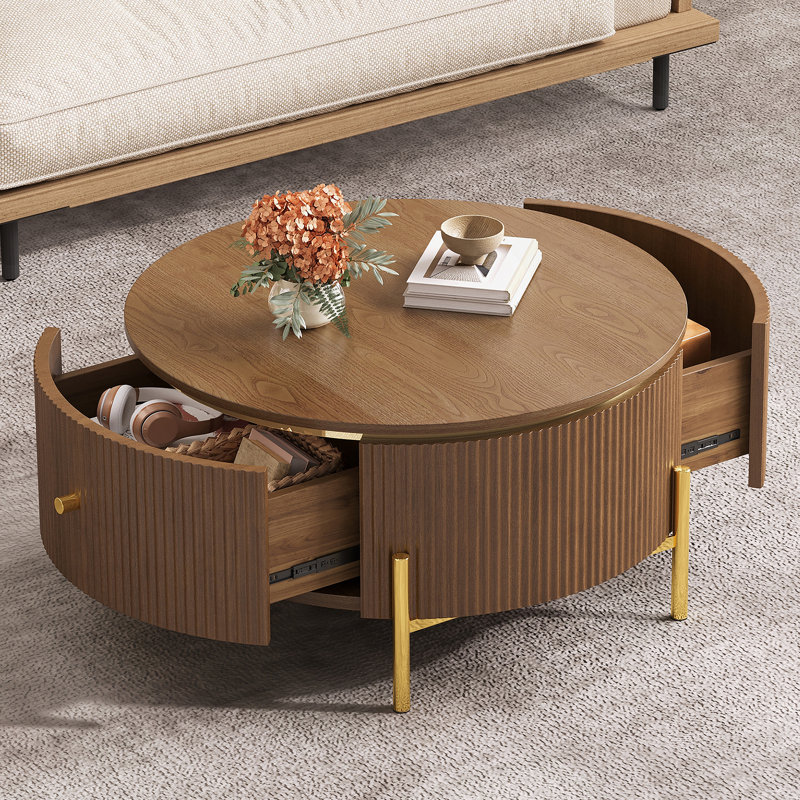 Table basse ronde moderne avec 2 grands tiroirs de rangement, brun, 31,5 po