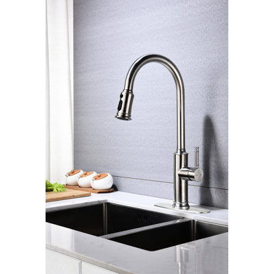 Pull Down Equipped Kitchen Faucet - 360 Rotating High Arc Spout, Three Water Output Styles, Simple Lever Control, Brushed Nickel Surface, Stainless Steel Structure, Dirt Treatment, Aerated Smooth