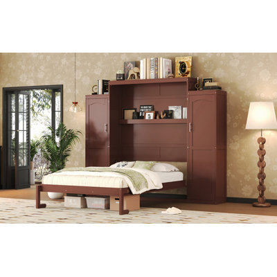 Grand lit escamotable en bois avec 2 garde-robes et tablette de rangement